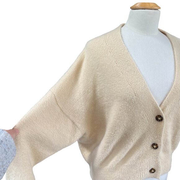Urban Outfitters Oversized Puff Sleeve Button Cardigan Cream Slouchy Fuzzy-S - Picture 5 of 13